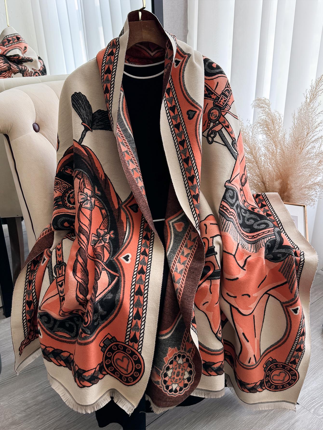 Écharpe en Cachemire Chaud Hiver Cheval de Guerre Grande Pashmina Épais Couverture Châles Bufanda Foulard Cravate Design Écharpe black