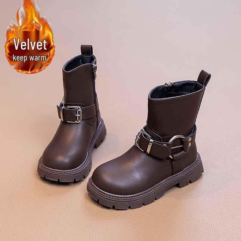 2026 Girls' Two-Layer Leather Winter Boots: Fashionable, Versatile, Warm Short Boots for Middle and Big Kids