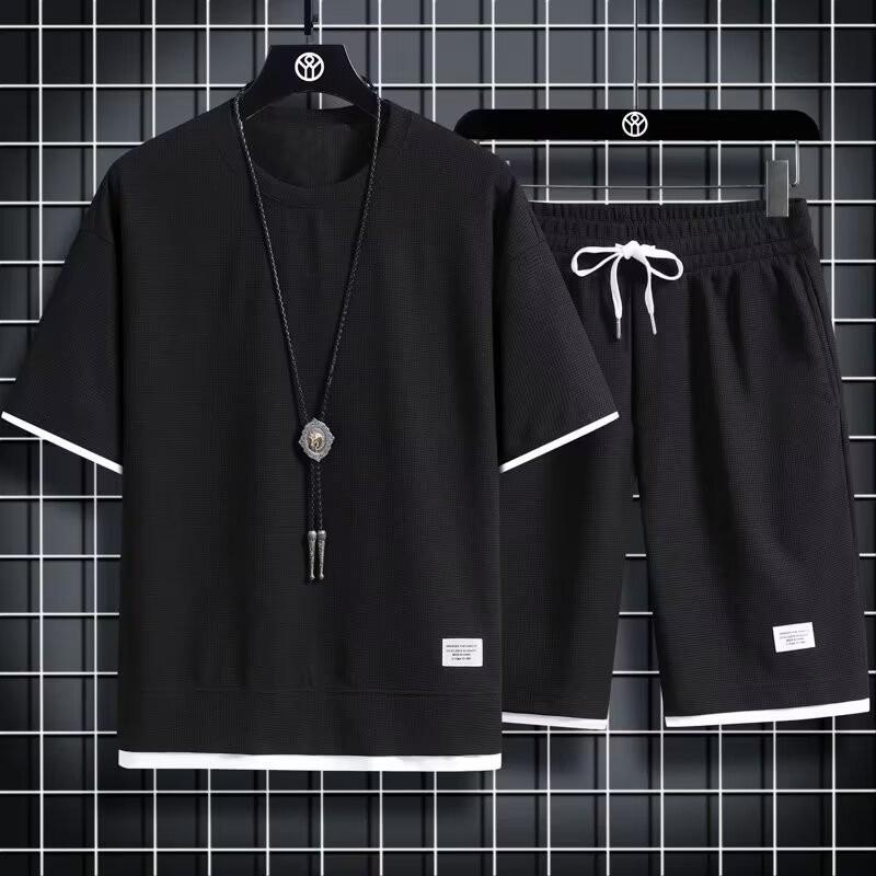 Men's Korean-Style Waffle Summer Casual Shorts and T-Shirt Set