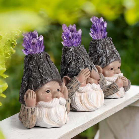 Hear-No See-No Speak-No Gnome Figurine Resin Faux Crystal Garden Dwarf Frog Owl Statue for Home Tabletop Yard Lawn Patio Decor