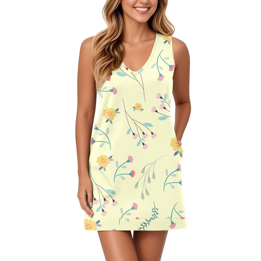 Weiches Tankkleid mit V-Ausschnitt für Damen, ärmelloses Sommerkleid, lässiges, entspanntes Sommerkleid mit Tasche