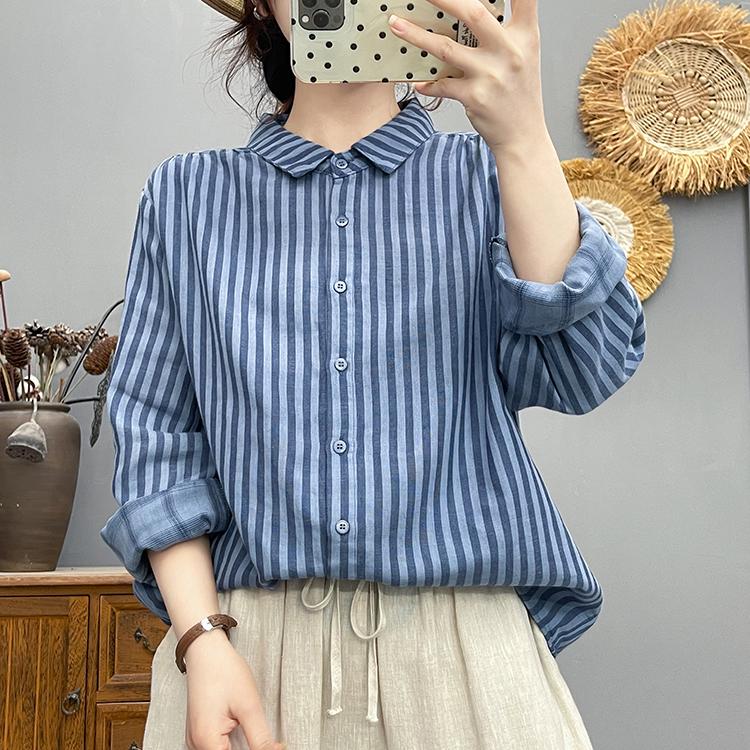 Women's Long Sleeve Double-layer Cotton Stripe Shirt - Soft, Skin-friendly, Breathable, High Quality Loose Fit
