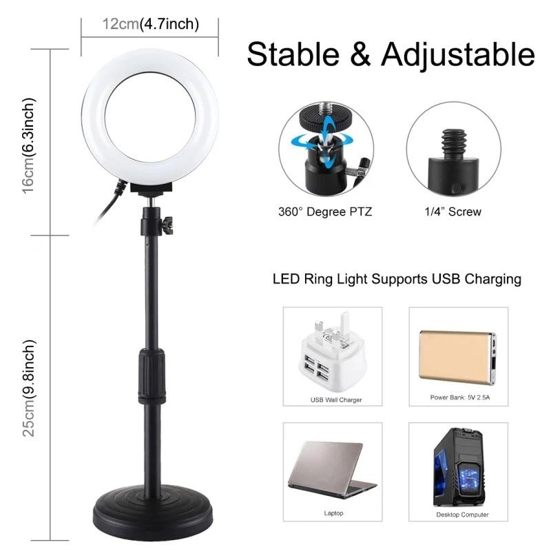 4.7 Inch 12cm Usb Led Ring Vlogging Video Fill Light Round Base Desktop Holder Kits,adjustable Height: 15.5cm-25.5cm