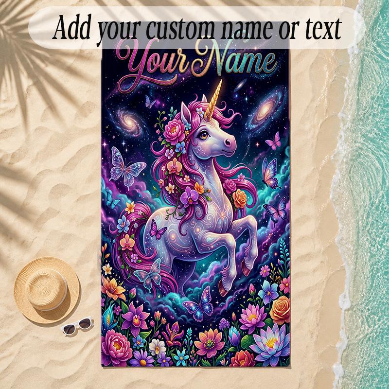 Unicorn Theme Soft Beach Towel Personalized Custom Name Text Towel Portable for Beach Pool Travel