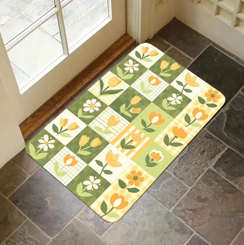 Cottagecore Patchwork Floral Bee Print Non-Slip Door Mat Washable Absorbent Entrance Rug for Home Kitchen Bathroom Decor