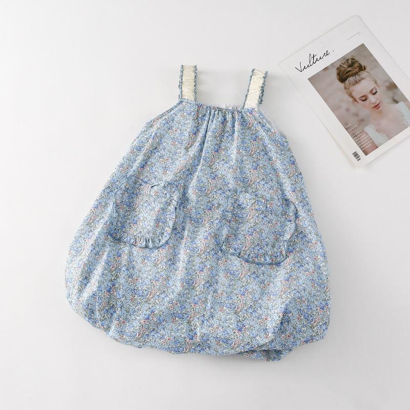 

Корейское повседневное синее платье с цветочным принтом для девочек, летние детские платья на бретельках без рукавов, модный детский сарафан для детей 6T синий