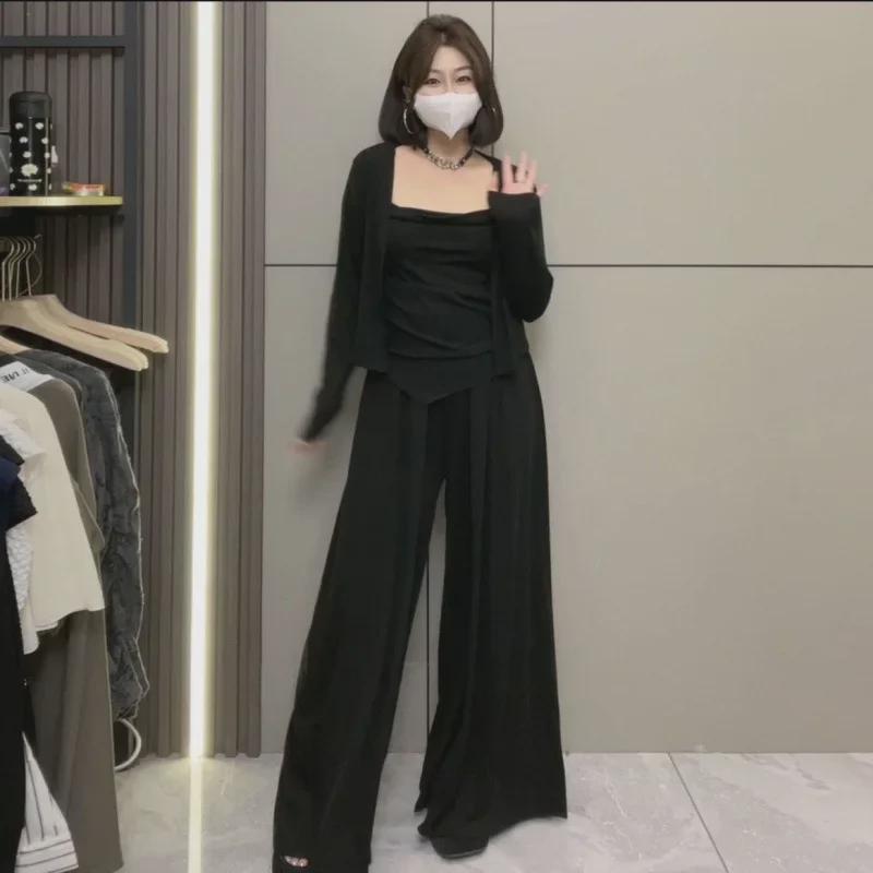 Lässiges dreiteiliges Set für Damen: Unregelmäßiger Cardigan mit Hosenträgern und bodenlanger Hose mit hoher Taille für Frühling und Herbst