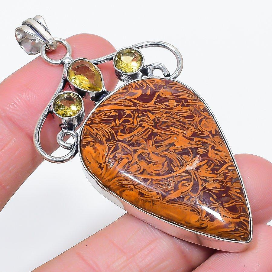 Natural Mariam Jasper, Citrine 925 Sterling Silver Jewelry Pendant 2.76" R7W91