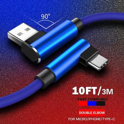 90 Degree 3A Fast Charging USB Charger Cable, Suitable for IPhone/Android/Type C Cable Nylon USB C Cable