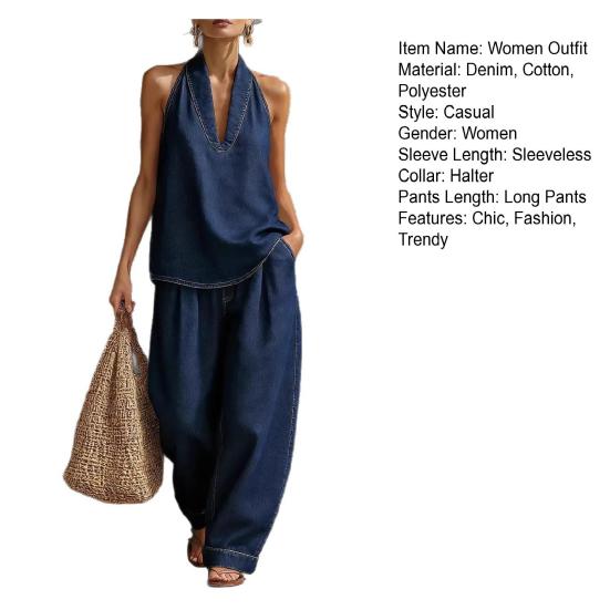 Halter Denim Set for Women Sleeveless Tank Top And Wide Leg Pants Lounge Sets Summer Casual Two Piece Outfits with Pockets