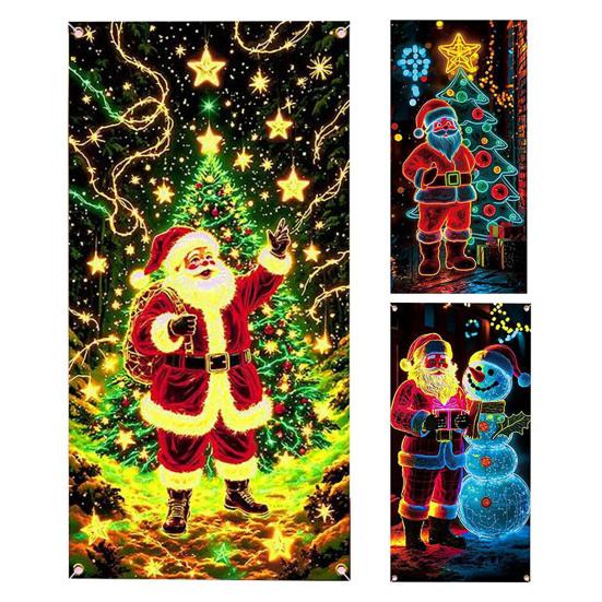 Fluorescent Christmas Door Cover UV Activated Glow-in-the-Dark Door Banner for Outdoor Indoor Holiday Decoration