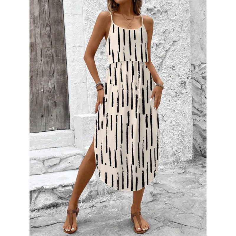 Strappy Printed Dress - Elegant Ink Silk Gauze for Commute and Casual Wear