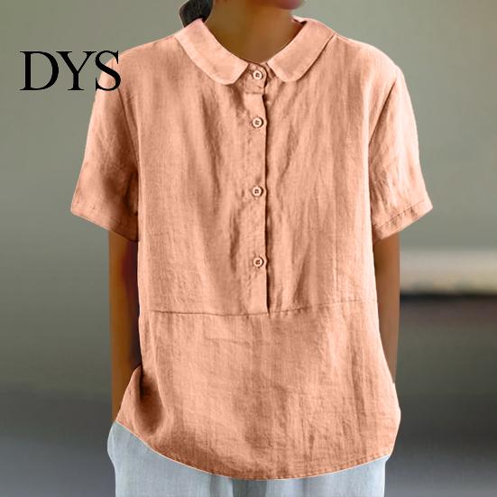 Women Shirt Casual Doll Collar Buttons Half Placket Short Blouse Sleeve Single Breasted Solid Color Loose Fit
