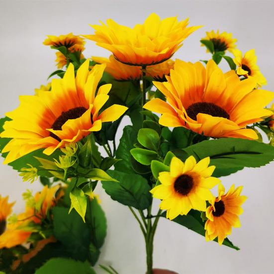 Artificial Sunflower with Green Leaves 7 Fork 13 Head Realistic Fake Silk Flower Home Office Party Indoor Outdoor Faux Bloom Decoration
