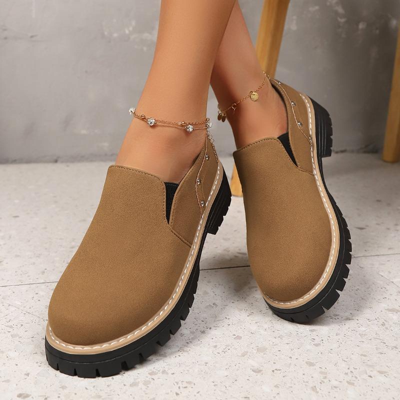 Dámské mokasíny široké šířky na robustním podpatku - Nazouvací ležérní baleríny s kulatou špičkou na podzim/zimu, Platformové pohodlné boty