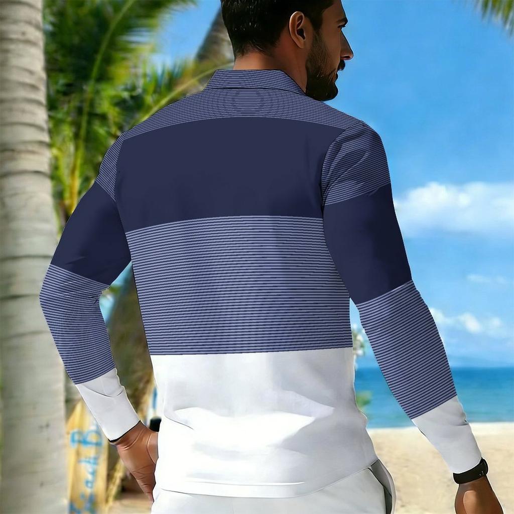 Men Plus Size Collared Long Sleeve Shirt Striped Casual Polo For Daily Life And Weekend Leisure