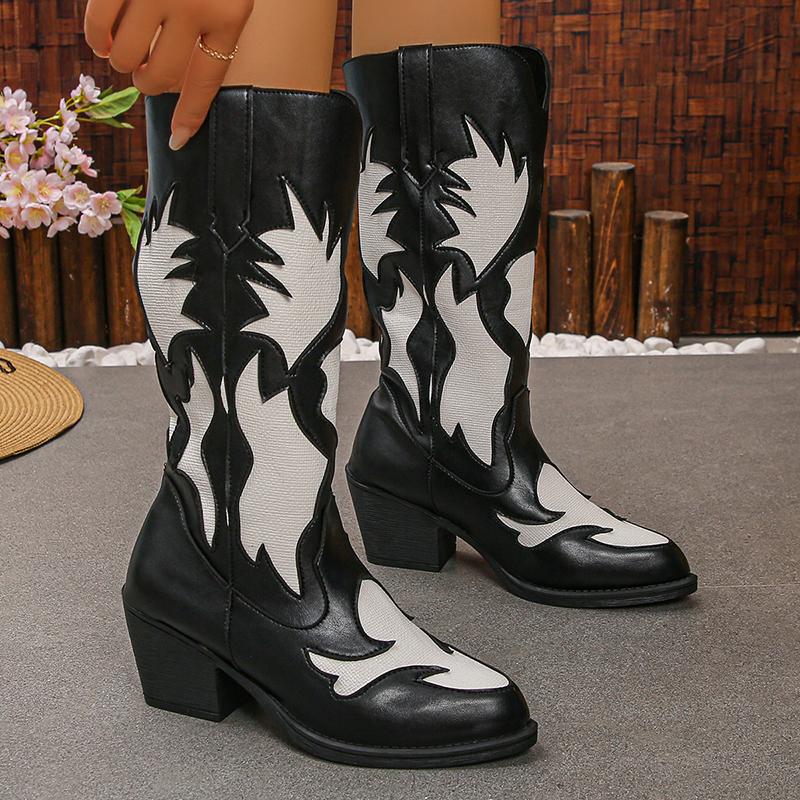 Fashion Women's Western Cowboy Boots Pointed Toe Chunky Heel Mid Calf Botas Mujer 2025 Autumn Winter PU Leather Riding Boots Plus Size