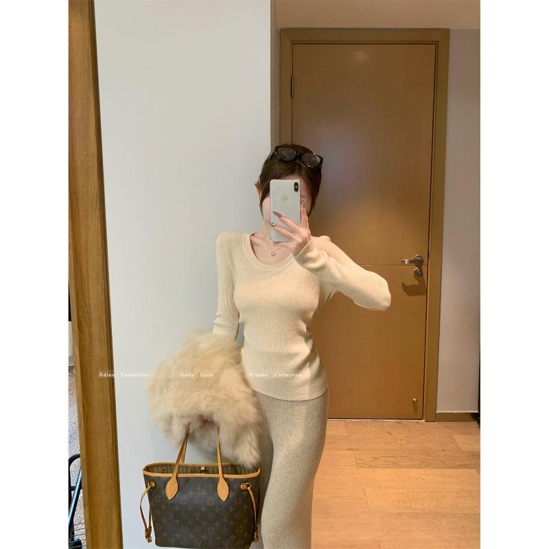 Autumn new temperament slim-fitting u-neck inner with long-sleeved Andy fleece knitted sweater bottoming sweater women's sweater