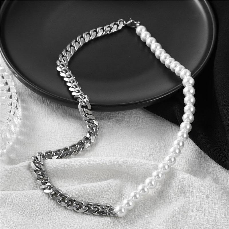 Men's Titanium Steel Faux Pearl Spliced Necklace - Non-Fading Stainless Steel Jewelry