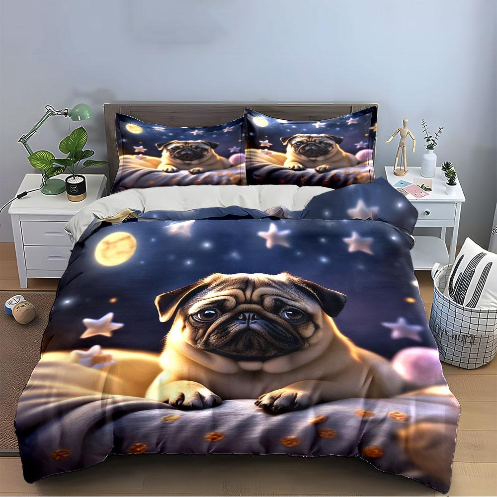 Adorable Pug with Starry Night Bedding Duvet Cover Set  (1*Duvet Cover 2*Pillowcases, Without Duvet Insert)