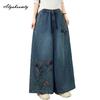 Spring Fall Large Size Women Vintage Jeans High Waist Drawstring Floral Embroidery Retro Straight Denim Pants Classical Oversized Blue Wide Leg Jeans