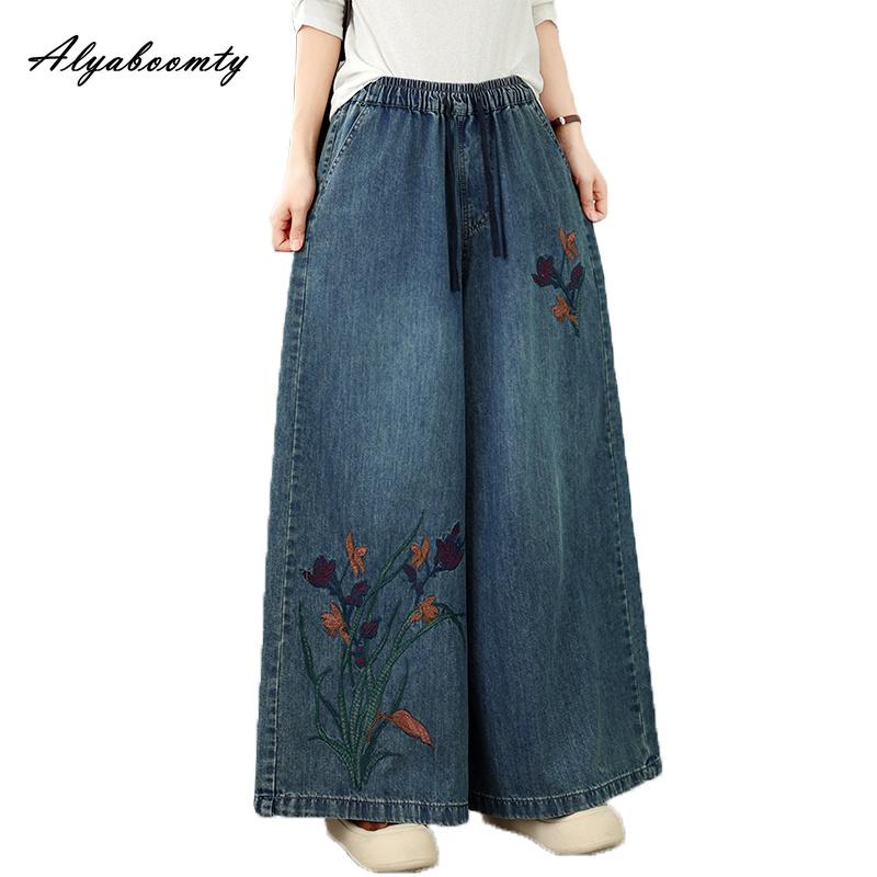 Spring Fall Large Size Women Vintage Jeans High Waist Drawstring Floral Embroidery Retro Straight Denim Pants Classical Oversized Blue Wide Leg Jeans