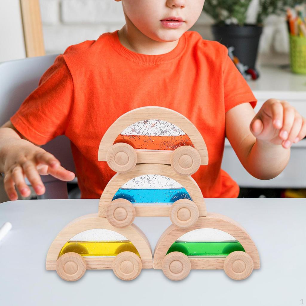 4Pcs Wooden Baby Push Toys, Wood Car Development Game Colorful Play Set, Vehicle Set