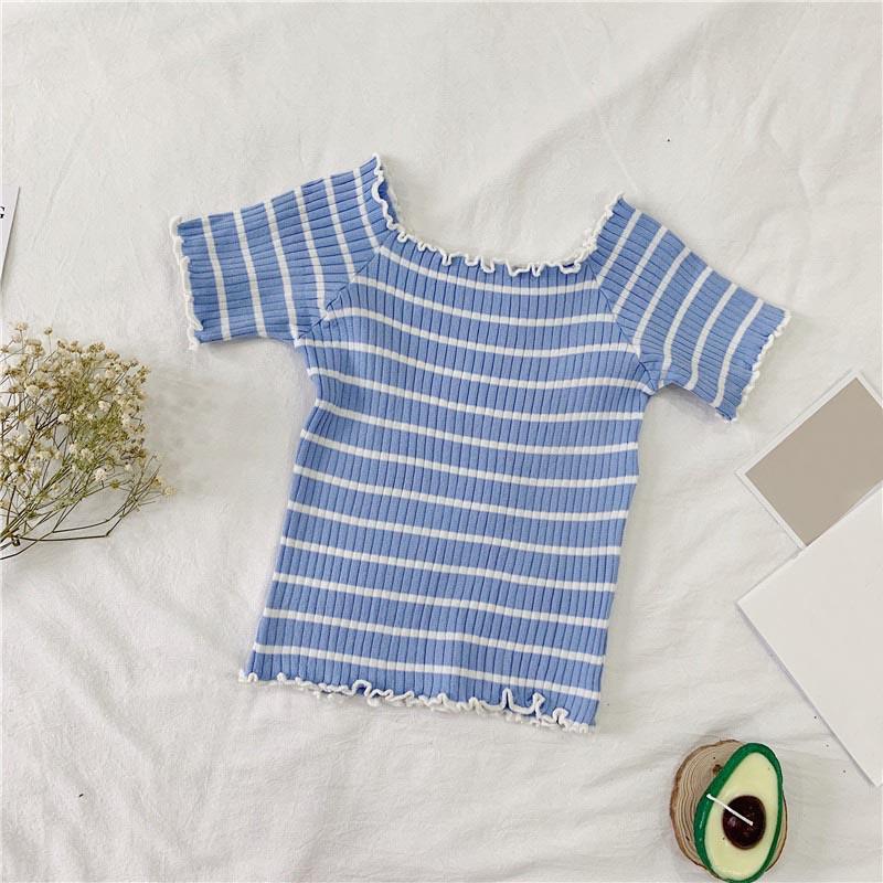Women's Slash Neck Striped Short Sleeve Knitted Ruffles T-Shirt