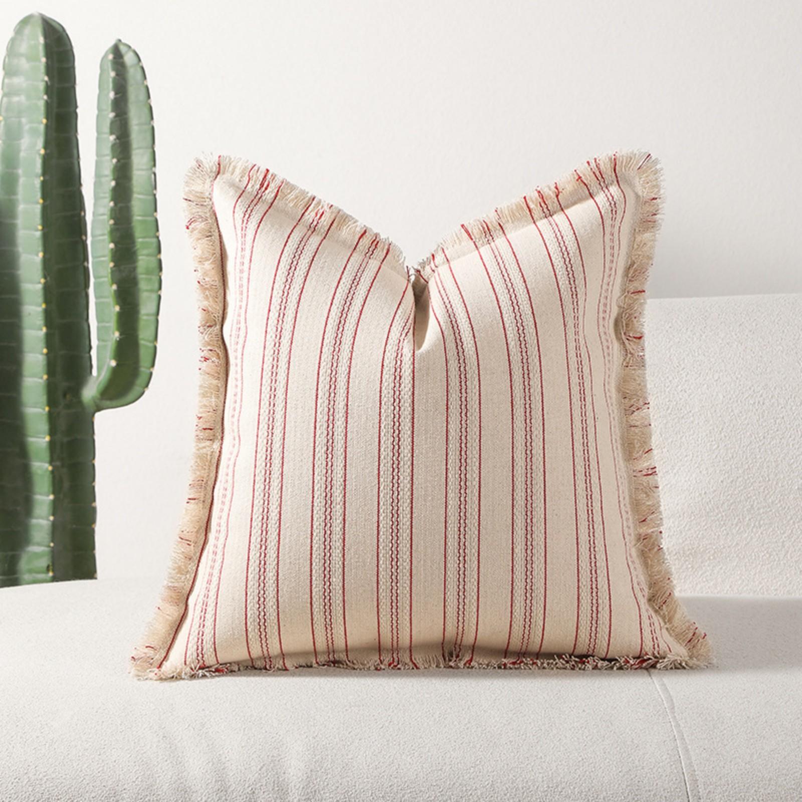 

45x45cm Cushion Cover Cotton Polyester Blend Striped Jacquard Fabric with Frayed Edges Hidden Zipper Design for Sofa Bedroom Home Decor one size