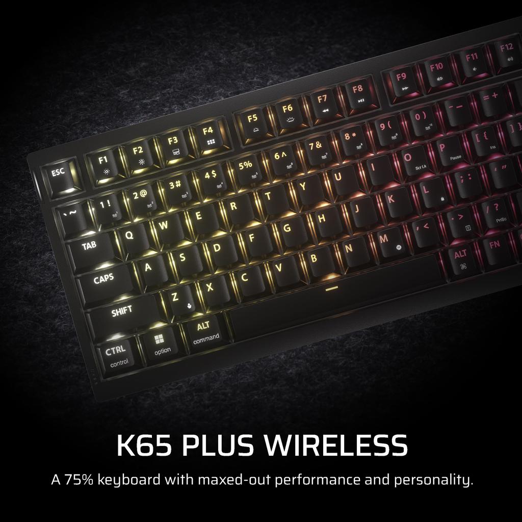 CORSAIR K65 Plus Wireless RGB Mechanical Gaming Keyboard Lubricated MLX Fusion Tactile Switches Sound Damping PBT Keycaps QWERTY NA Black 75% Hot-Swap