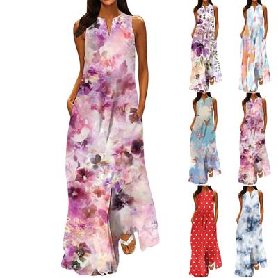 Women's New Spring And Summer Fashion Classic V-neck Color Printing Sleeveless Long Dress