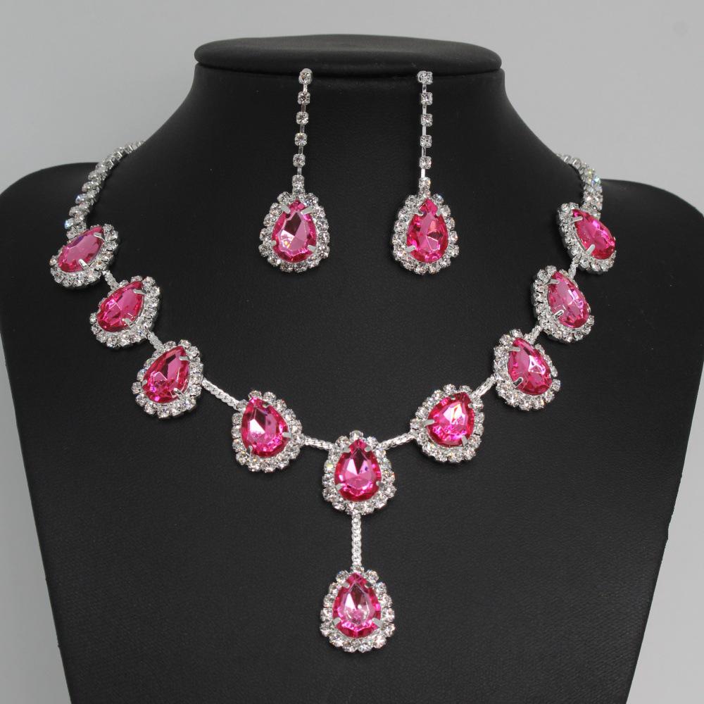 European & American Fashion Colored Diamond Teardrop Necklace & Earrings Set - Bridal Jewelry