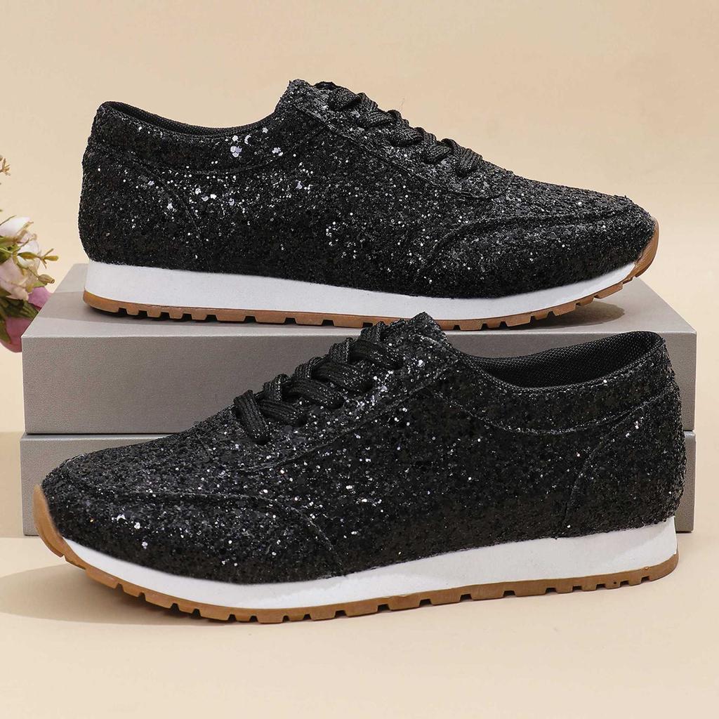 Plus Size Flat Casual Sports Shoes Women's 2025 New Sequin Lace-up Shoes