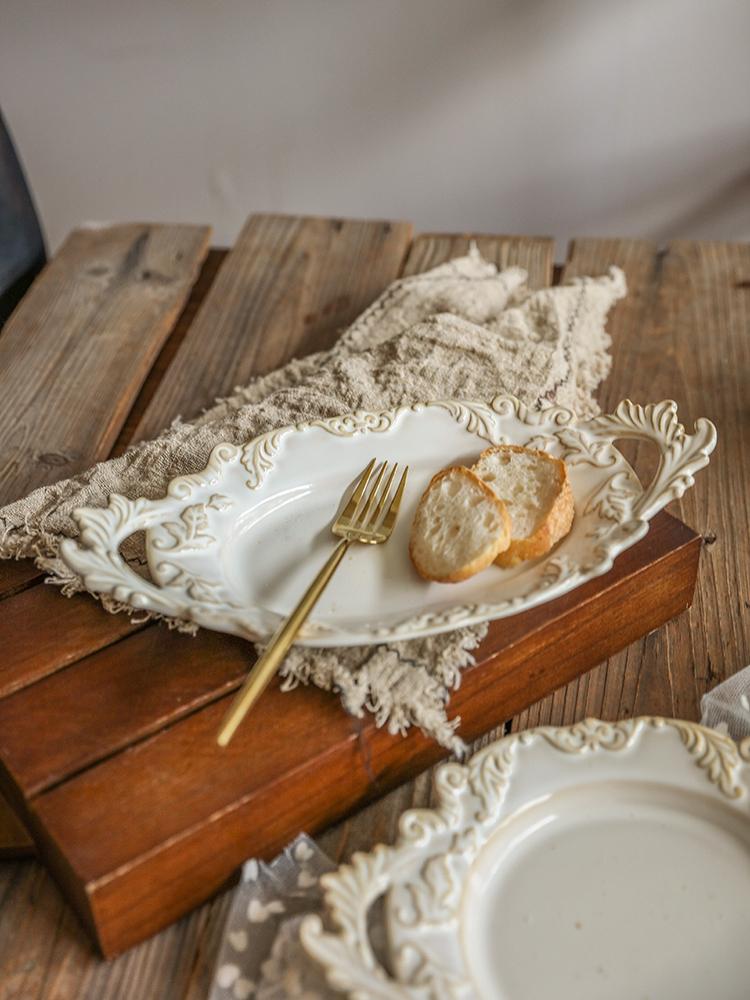 French-style kiln transformation retro relief plate, ceramic pasta plate, dessert Western cuisine double-ear arrangement plate