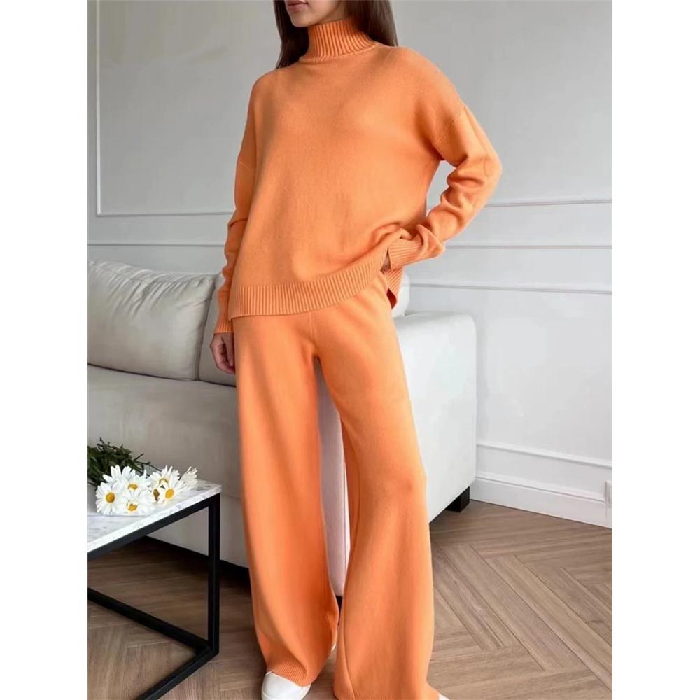 Autumn Winter 2 Pieces Women Sets Knitted Tracksuit Turtleneck Sweater and Straight Jogging Pants Suits
