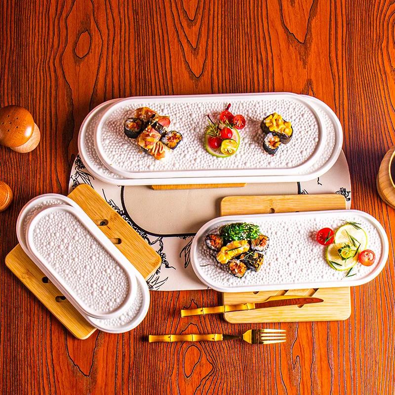 Pure White Bead Dot Texture Ceramic Sushi Plate Oval Dessert Plate Snack Plate Dim Sum Dish Molecular Cuisine Creative Tableware