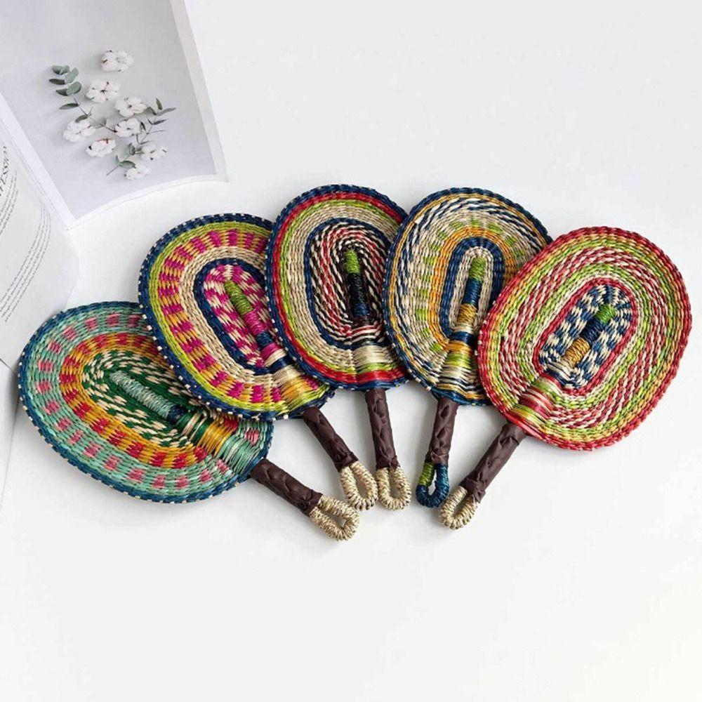 Vintage Seagrass Woven Fan Colorful Striped Patterns Cattail Fan Summer Cooling Fan Photo Prop