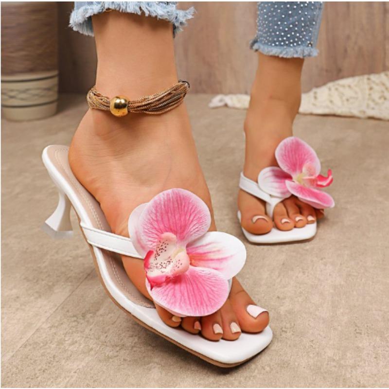 Brand Shoes Female Summer New Style Elegant Flowers Design Women's Slippers Casual Fashionable Outer Wear High Heel Slides Women