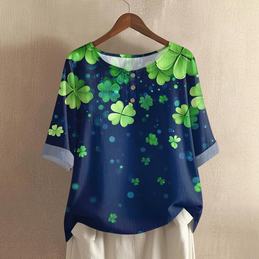 Women's Fashionable And Casual Shirt 3/4 Sleeve Round Neck Print Blouse Top