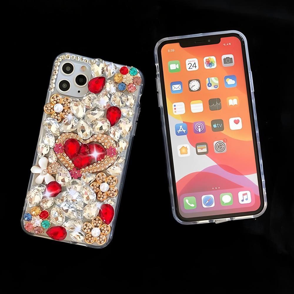 Glitter Rhinestone Phone Case For iPhone 17 16 15 14 13 12 11 Pro Max Air mini 16e 8 7 Plus X XS XR, 3D Crystal Heart Floral Bling Diamond Jewel Cover