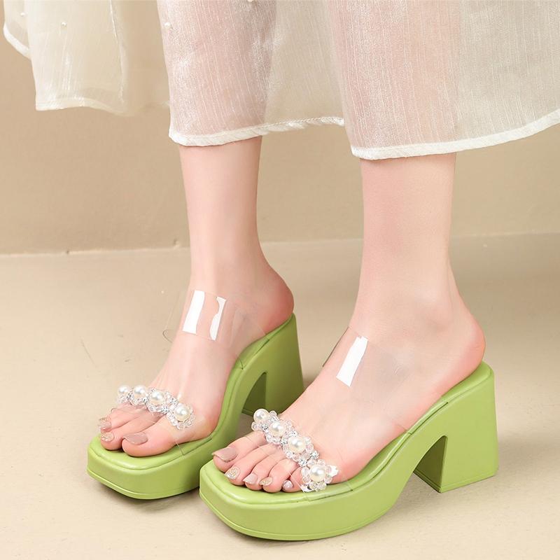 

Босоножки большого размера на квадратном каблуке, летние новинки, квадратный носок, водонепроницаемая платформа, хрустальная пряжка с жемчугом, прозрачный ремешок, высокие каблуки 42 светло-зеленый