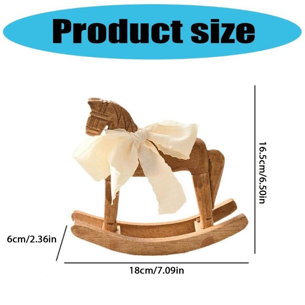 Wooden Rocking Horse Figurine with White Ribbon Decoration for Shelves and Tabletop Collectible Ornament Holiday Gift