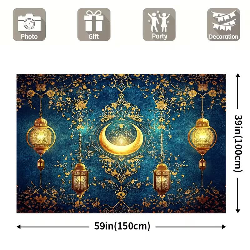2D Ramadan Kareem Backdrop Blue Gold Moon & Lantern Photography Background for Eid Party