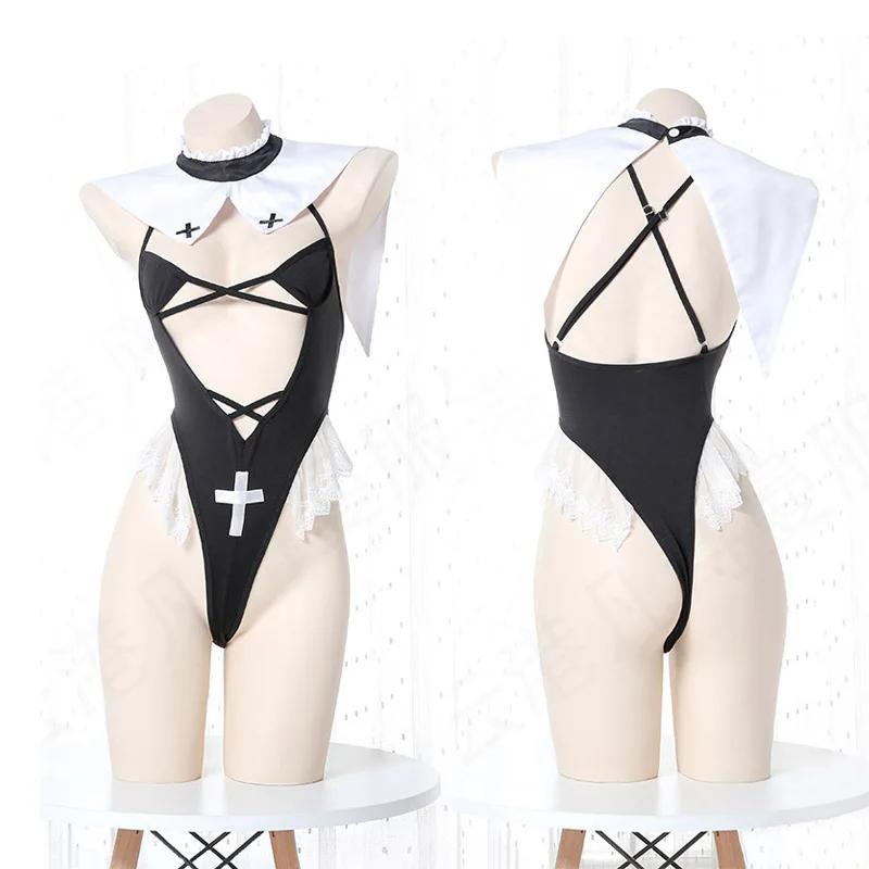Halloween Nun Cosplay Lingerie Bodysuit Women Sexy Cross Hollow Temptation Sweet Nightgowns Nightclub Devil Anime COS Uniform