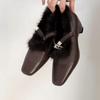 Retro Square Head Fur Slip-On Shoes Metal Buckle One-Strap Lightweight Mary Jane Shoes for Women