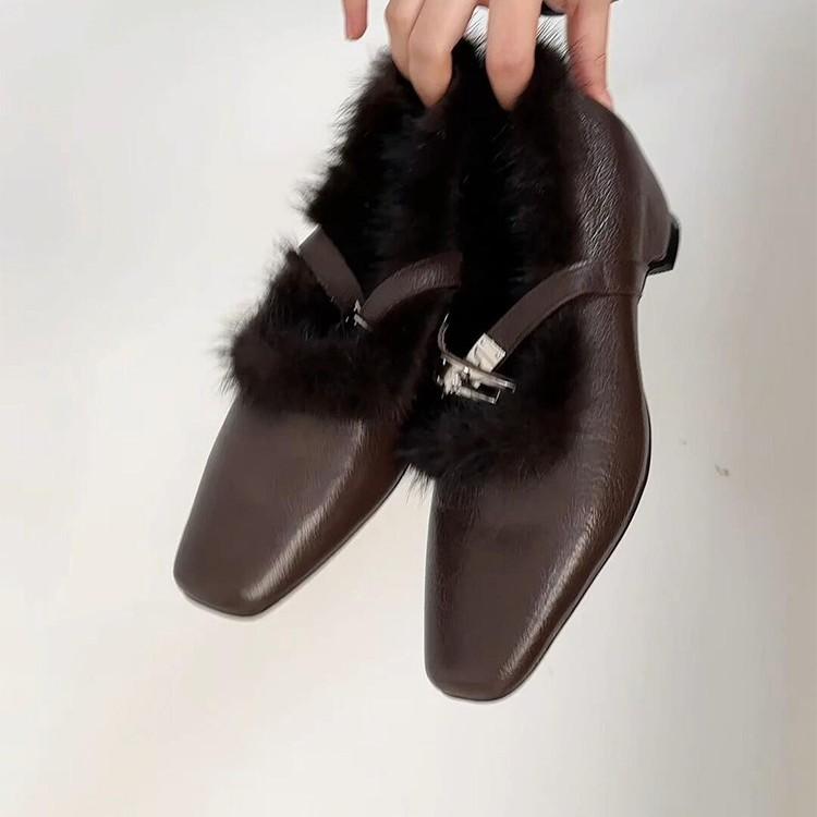 Retro Square Head Fur Slip-On Shoes Metal Buckle One-Strap Lightweight Mary Jane Shoes for Women