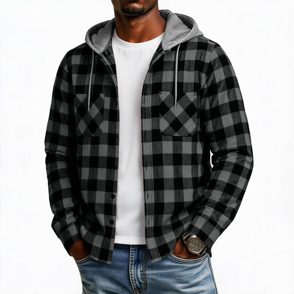 Men's Plaid Flannel Hoodie Fashion Casual Long Sleeve Pullover Sweatshirt with Hood