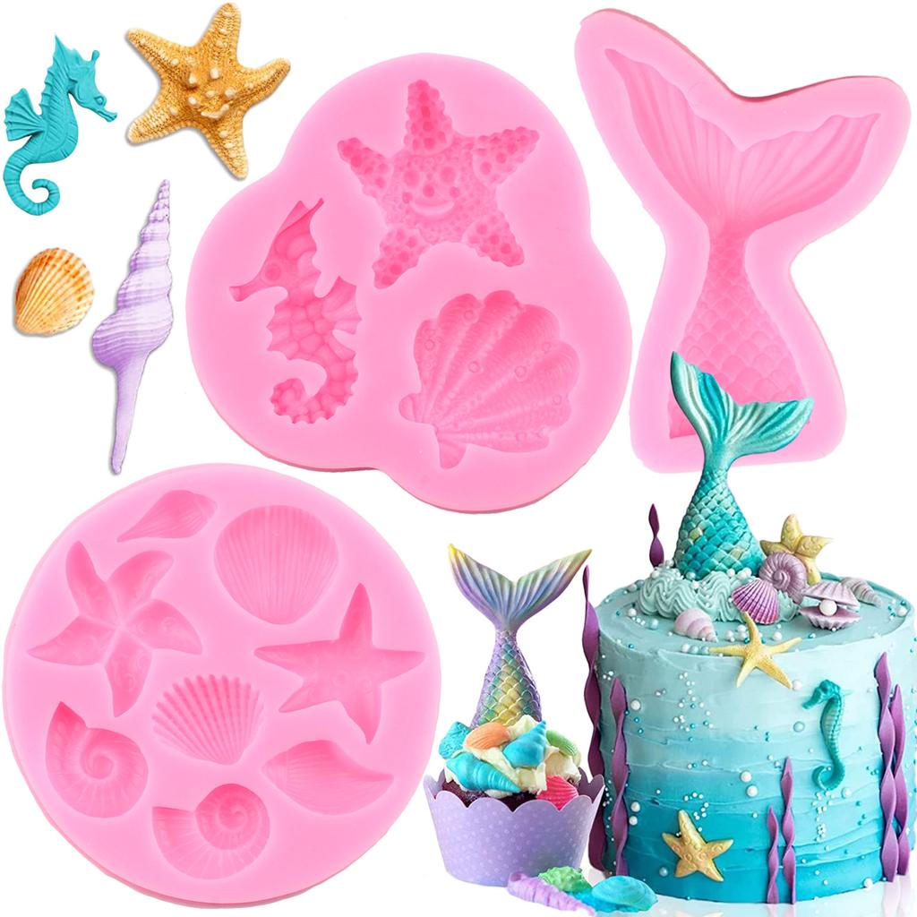 Molde de silicona con forma de cola de sirena, coral, conchas y algas marinas para decoración de tartas, moldes de pasta de goma, chocolate y caramelos