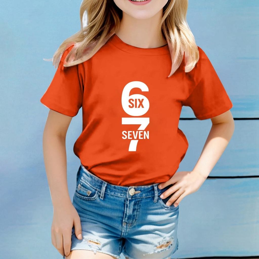 Children Funny Six Seven 67 Meme Print T-Shirt for Kids Humor Round Neck Tee Novelty Gift Girl Top Fashion Children's Clothing