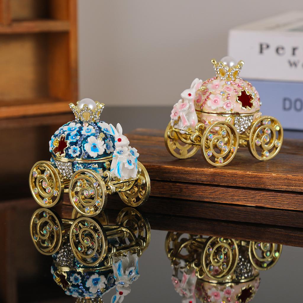 Retro Rabbit Carriage Jewelry Storage Box, Handmade Oil Dropper Pendant, Carriage Ring Box